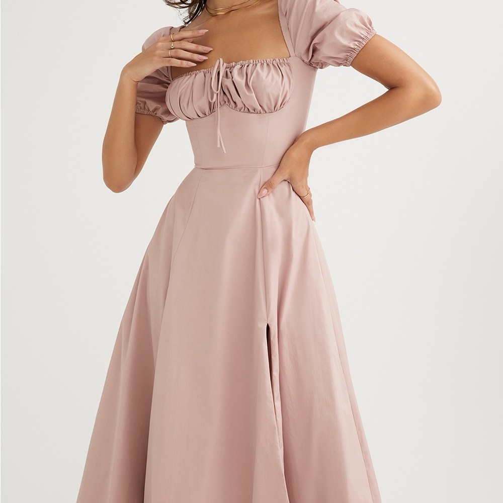 BLUSH PUFF SLEEVE MIDI DRESS